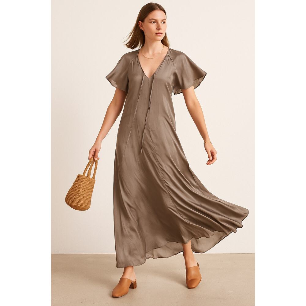 Creatures of Comfort Flutter Sleeve Maxi Dress Satin Metallic Silver 2 Cupro